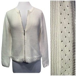 Marble Cream White Ribbed Pointelle knit full zip Cardigan Women's Medium